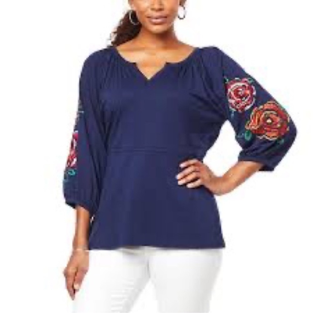 Diane Gilman Navy Blue Embroidered Floral Top